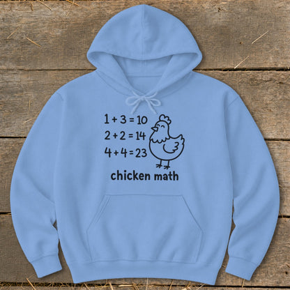 Light blue hoodie with chicken math equations and a chicken graphic.