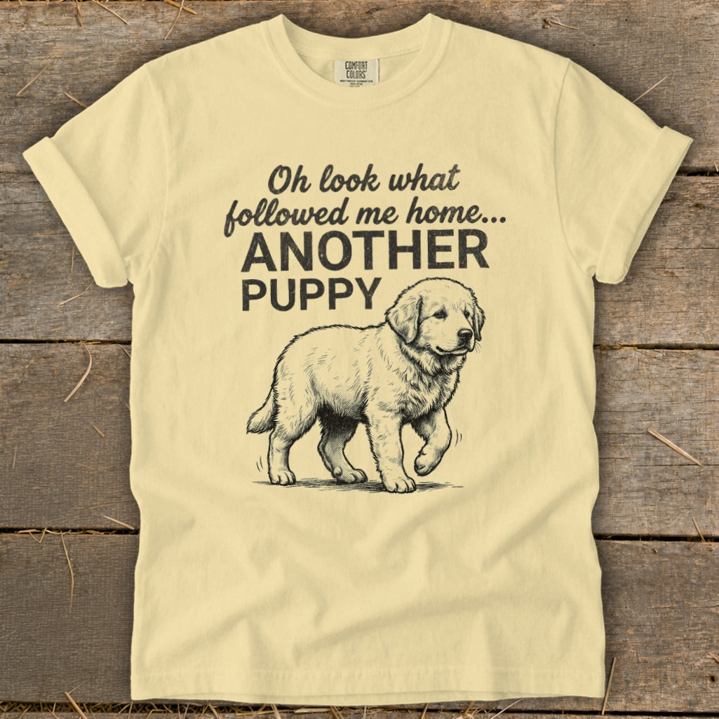 Yellow t-shirt with black text and a sketch of a puppy. Text reads "Oh look what followed me home... ANOTHER PUPPY".