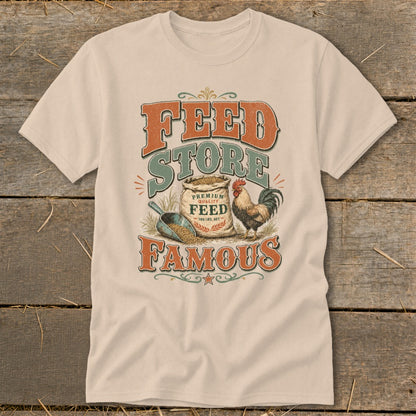 T-shirt with vintage "Feed Store Famous" graphic, sack of feed, shovel, and rooster.