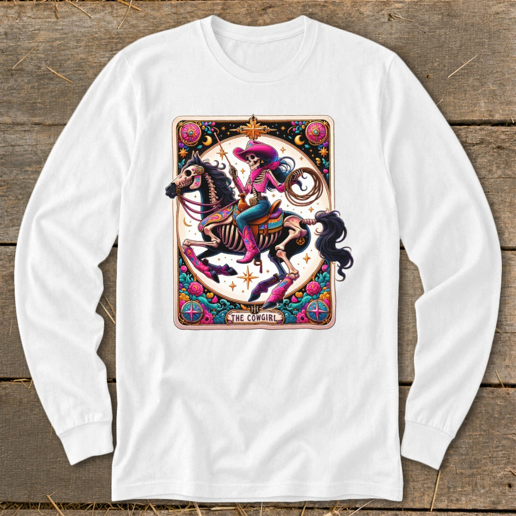 Skeleton cowgirl on horseback wearing a pink hat and boots, text "The Cowgirl".