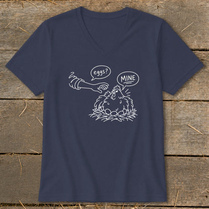 Navy t-shirt with white line art of a chicken on eggs and a hand reaching for them.