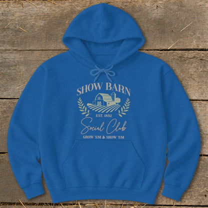 Blue hoodie with "Show Barn Social Club" text and a barn graphic.