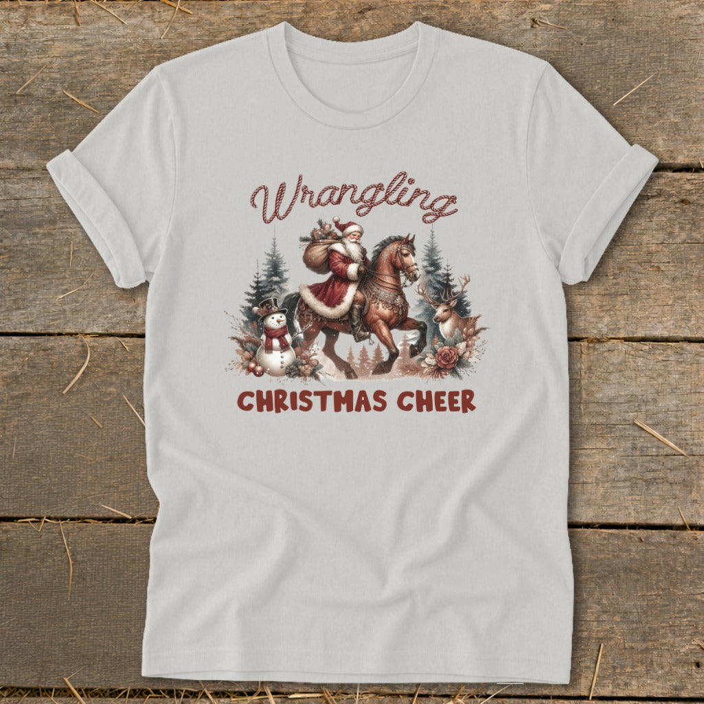 Santa riding a horse with a snowman, reindeer, and text "Wrangling Christmas Cheer".