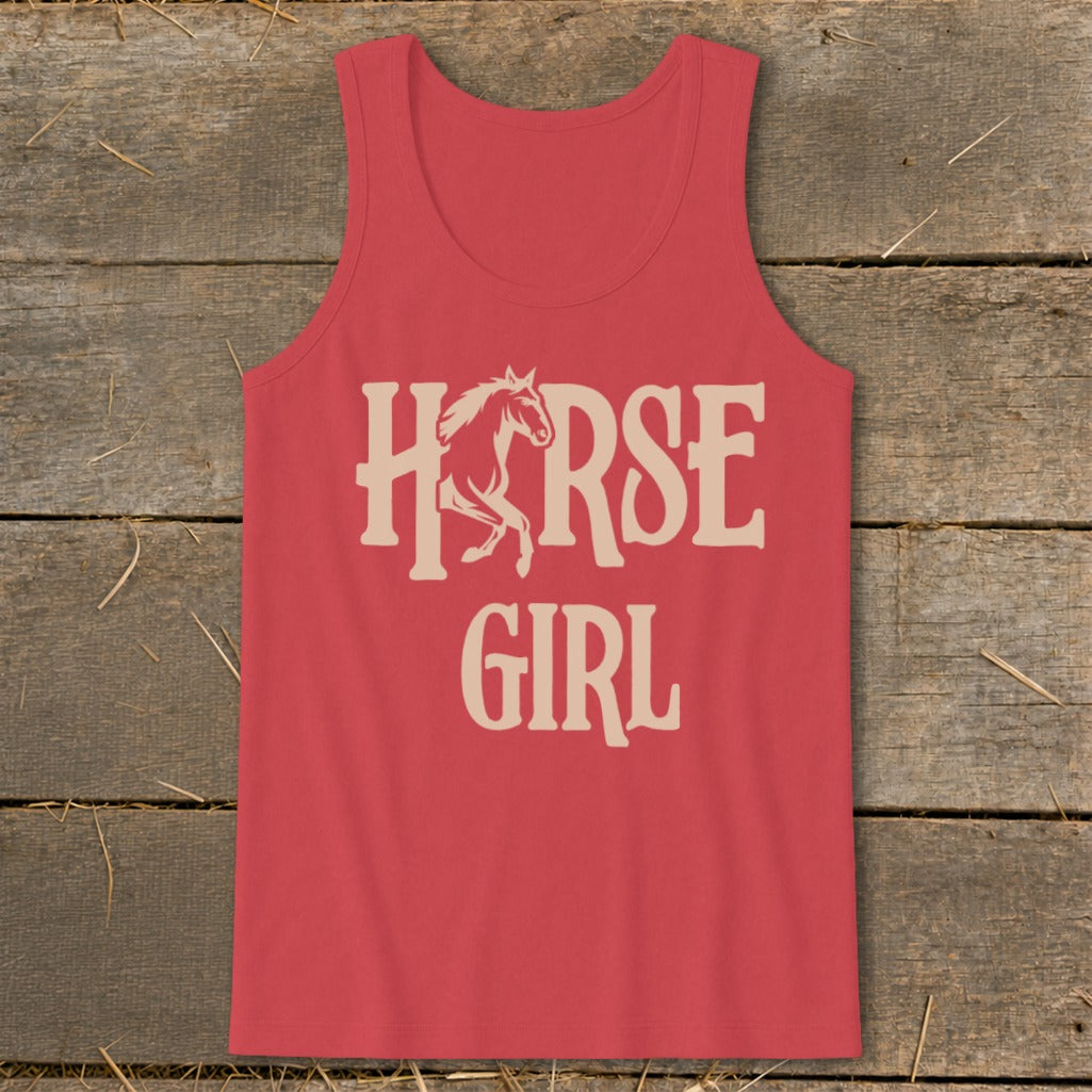 Red tank top with cream "HORSE GIRL" text and a horse graphic.