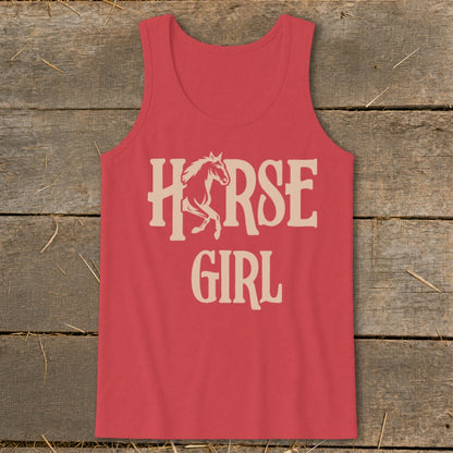 Red tank top with cream "HORSE GIRL" text and a horse graphic.