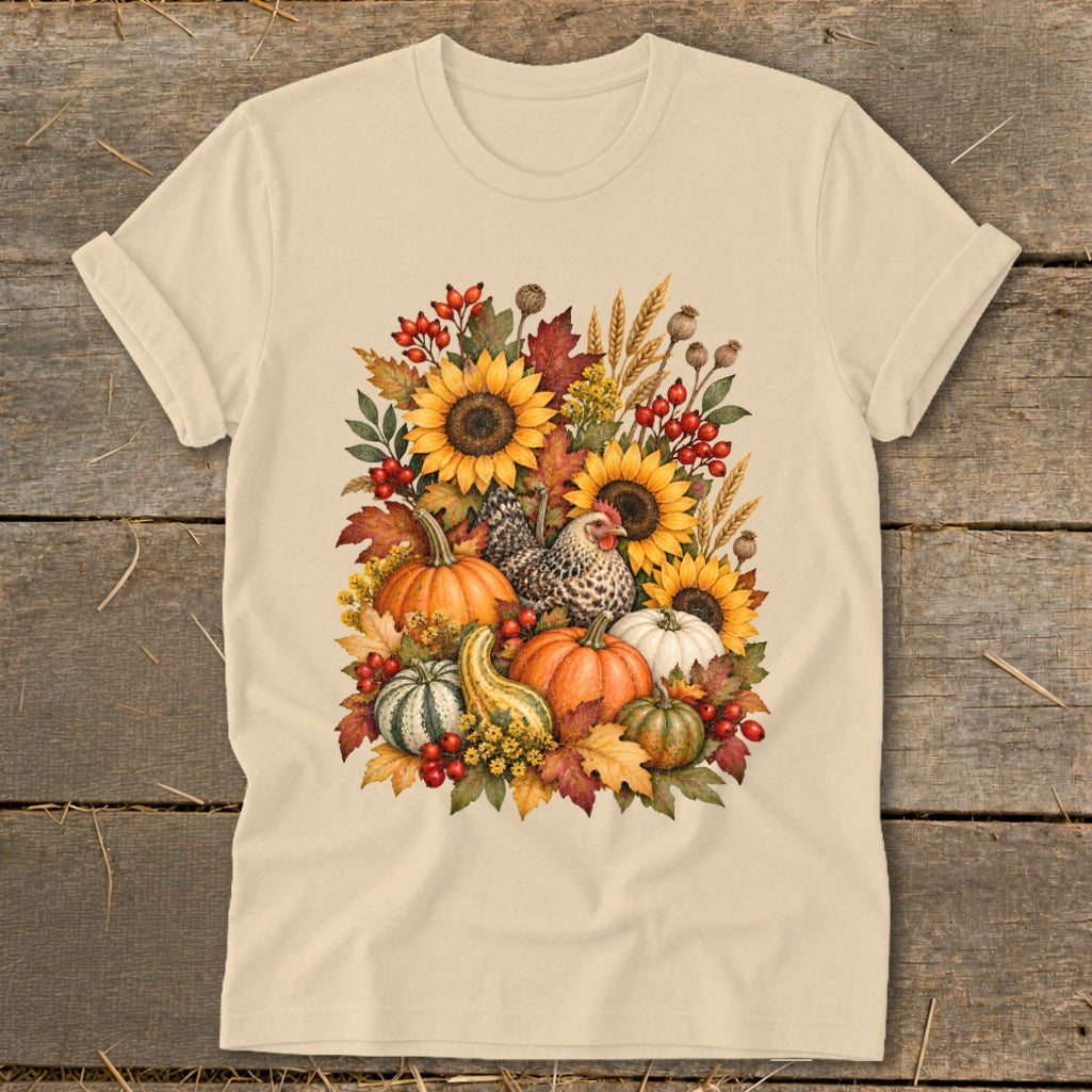 Cream t-shirt with a fall harvest design featuring pumpkins, sunflowers, chickens, and autumn leaves.