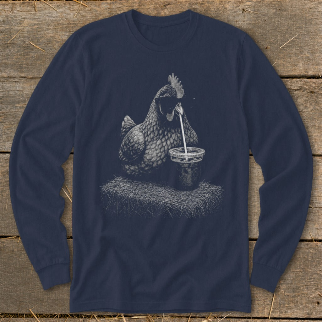 Line drawing of a chicken drinking from a cup on a dark navy long-sleeve shirt.