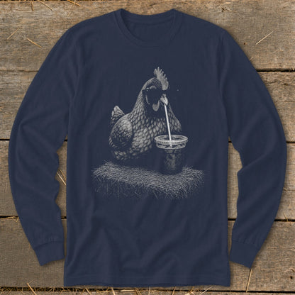 Line drawing of a chicken drinking from a cup on a dark navy long-sleeve shirt.