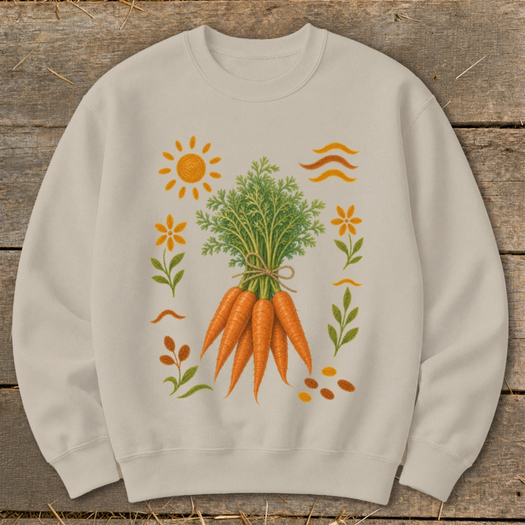 Crewneck sweatshirt with a bundle of carrots and a whimsical garden motif.