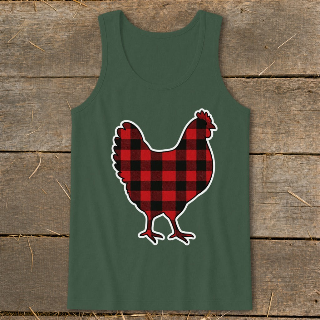 Green tank top with a red and black buffalo plaid chicken graphic.