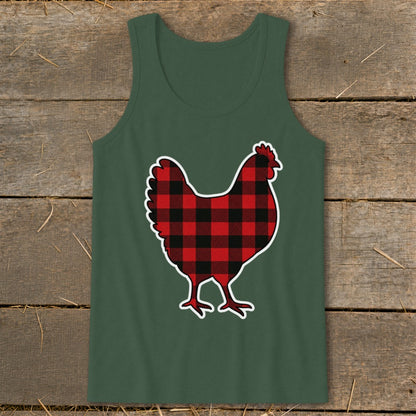 Green tank top with a red and black buffalo plaid chicken graphic.