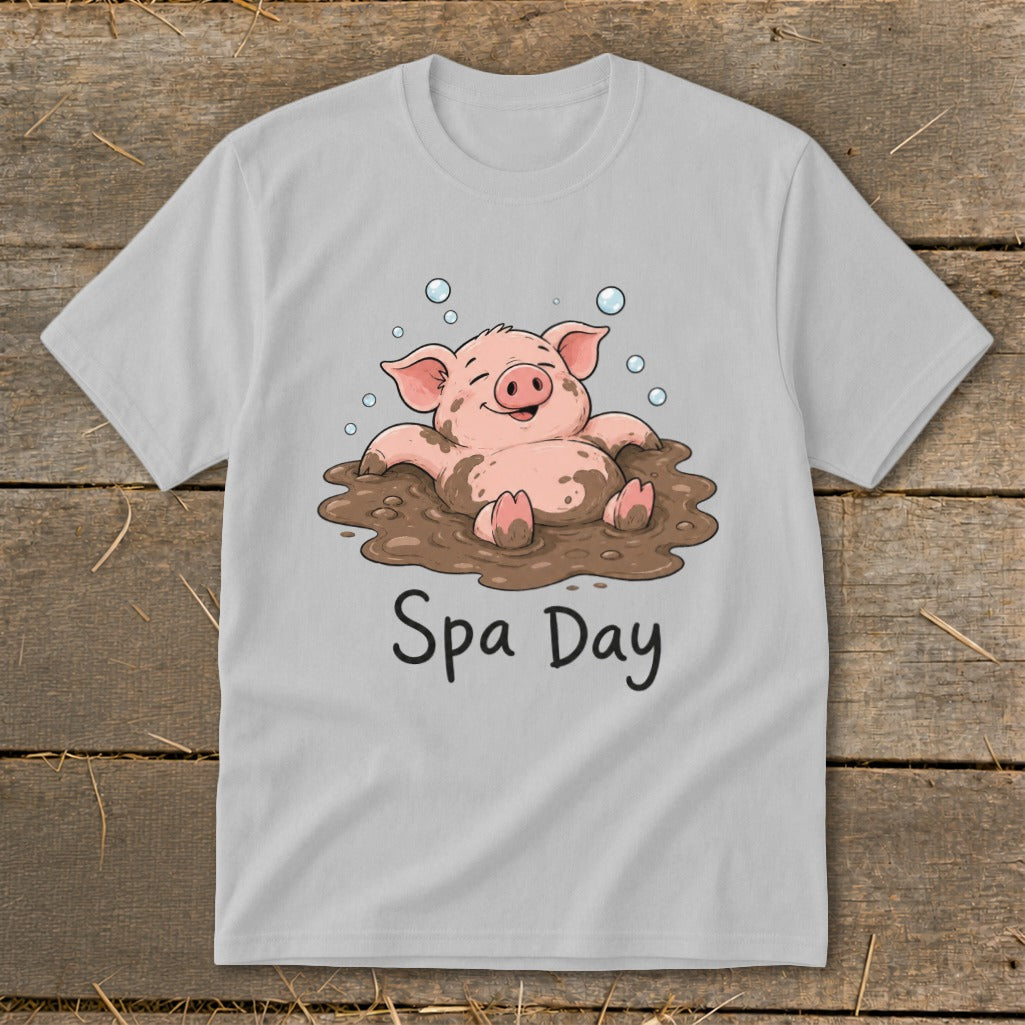 Cartoon pig relaxing in mud with bubbles, text "Spa Day".