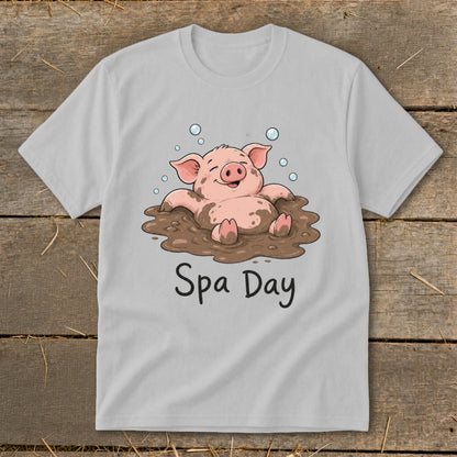 Cartoon pig relaxing in mud with bubbles, text "Spa Day".