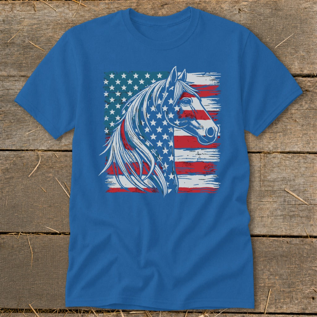 Blue t-shirt with a horse head silhouette against a distressed American flag.