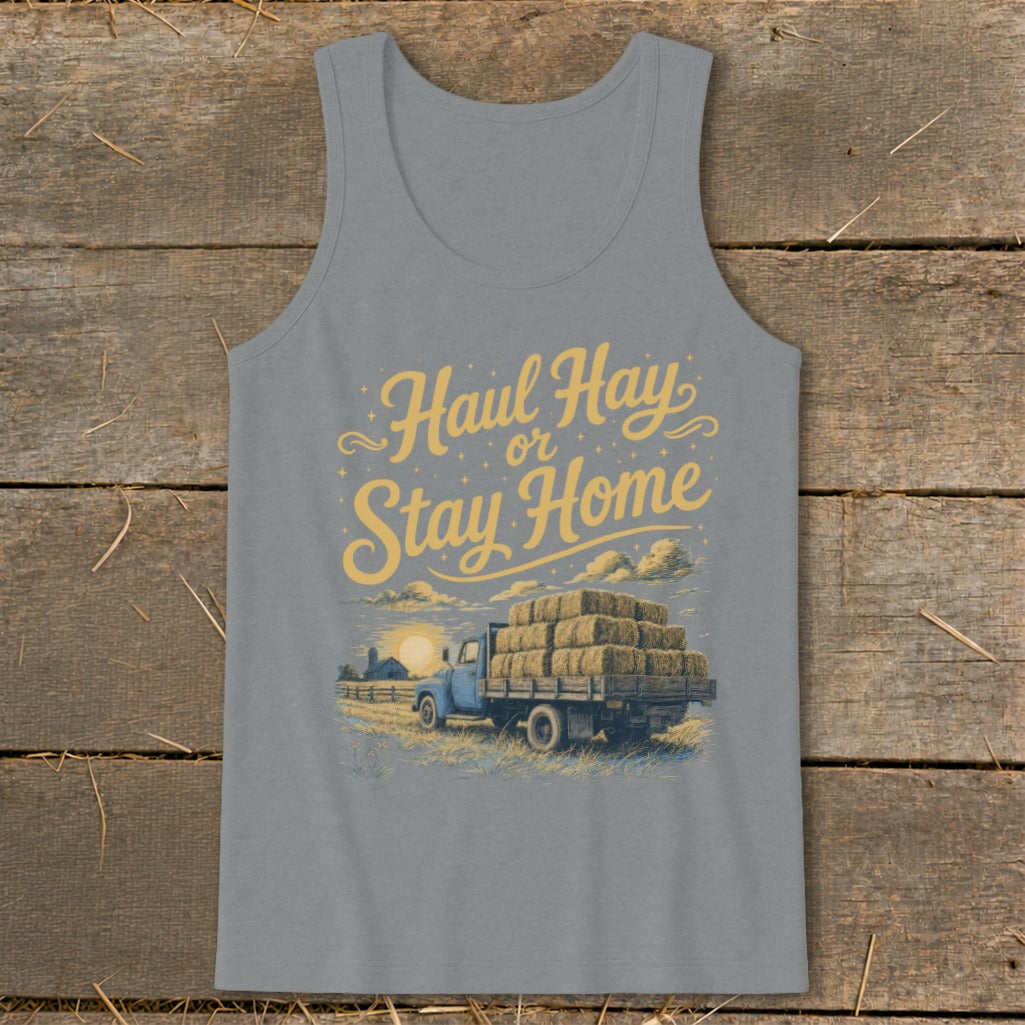 Graphic of a blue truck hauling hay with text "Haul Hay or Stay Home".