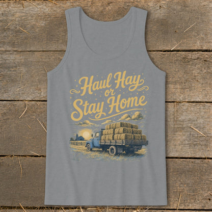 Graphic of a blue truck hauling hay with text "Haul Hay or Stay Home".