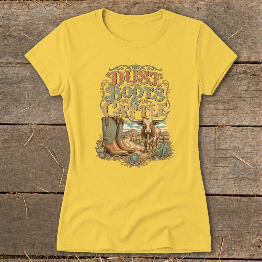 Yellow t-shirt graphic with "Dust Boots & Cattle" text, cowboy boots, and a cow.