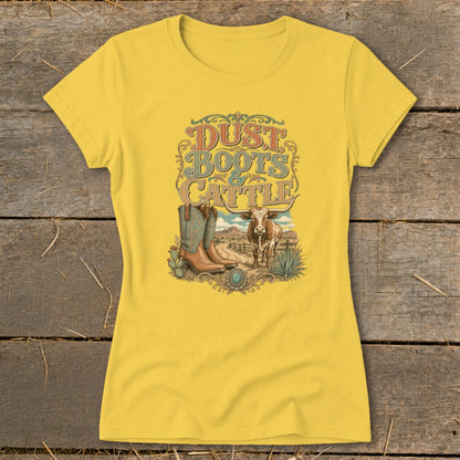 Yellow t-shirt graphic with "Dust Boots & Cattle" text, cowboy boots, and a cow.
