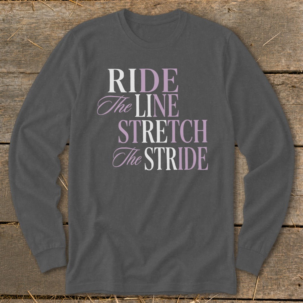 Gray long-sleeve shirt with text: RIDE, The Line, STRETCH, The Stride.