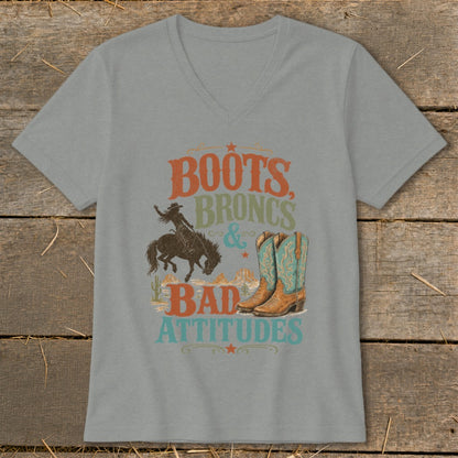 Gray t-shirt with "Boots, Broncs & Bad Attitudes" text, bucking bronco, and cowboy boots.
