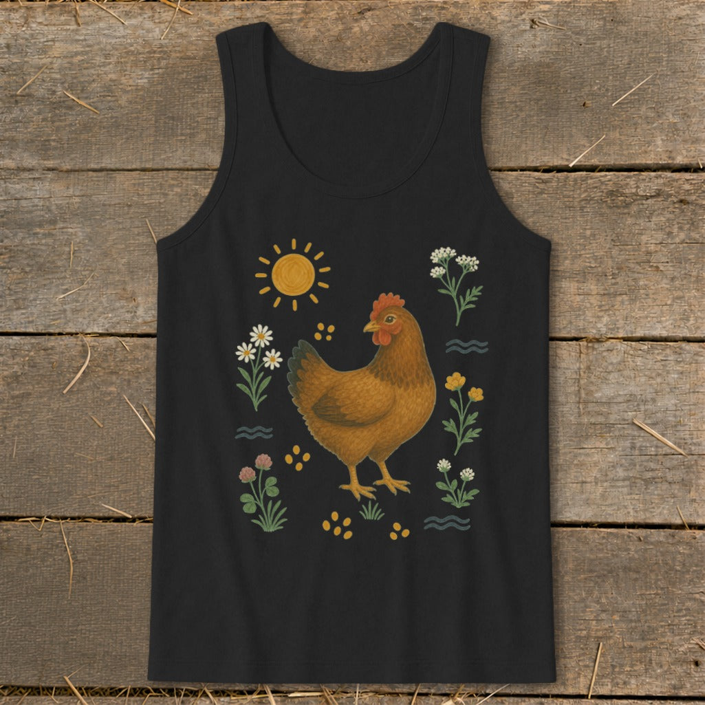Black tank top with a brown chicken and floral design, featuring a sun.