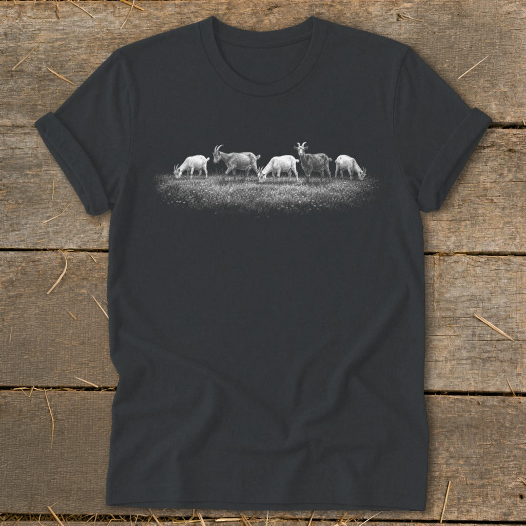 Dark t-shirt with a grayscale graphic of five goats grazing in a field.