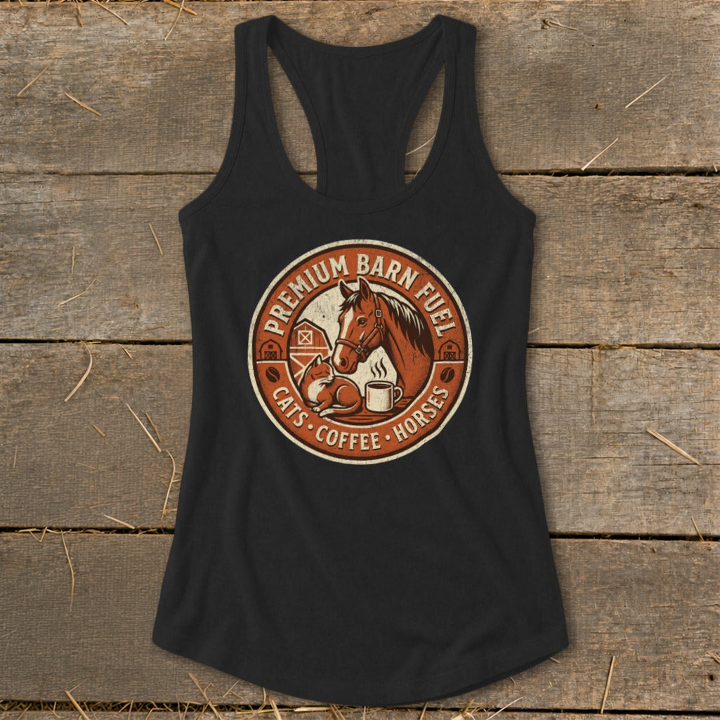 Tank top with circular graphic: horse, cat, coffee, barns, "Premium Barn Fuel Cats Coffee Horses".