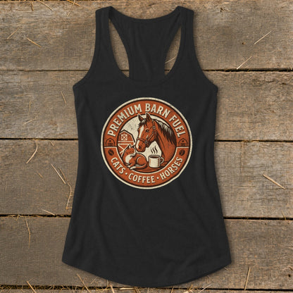 Tank top with circular graphic: horse, cat, coffee, barns, "Premium Barn Fuel Cats Coffee Horses".