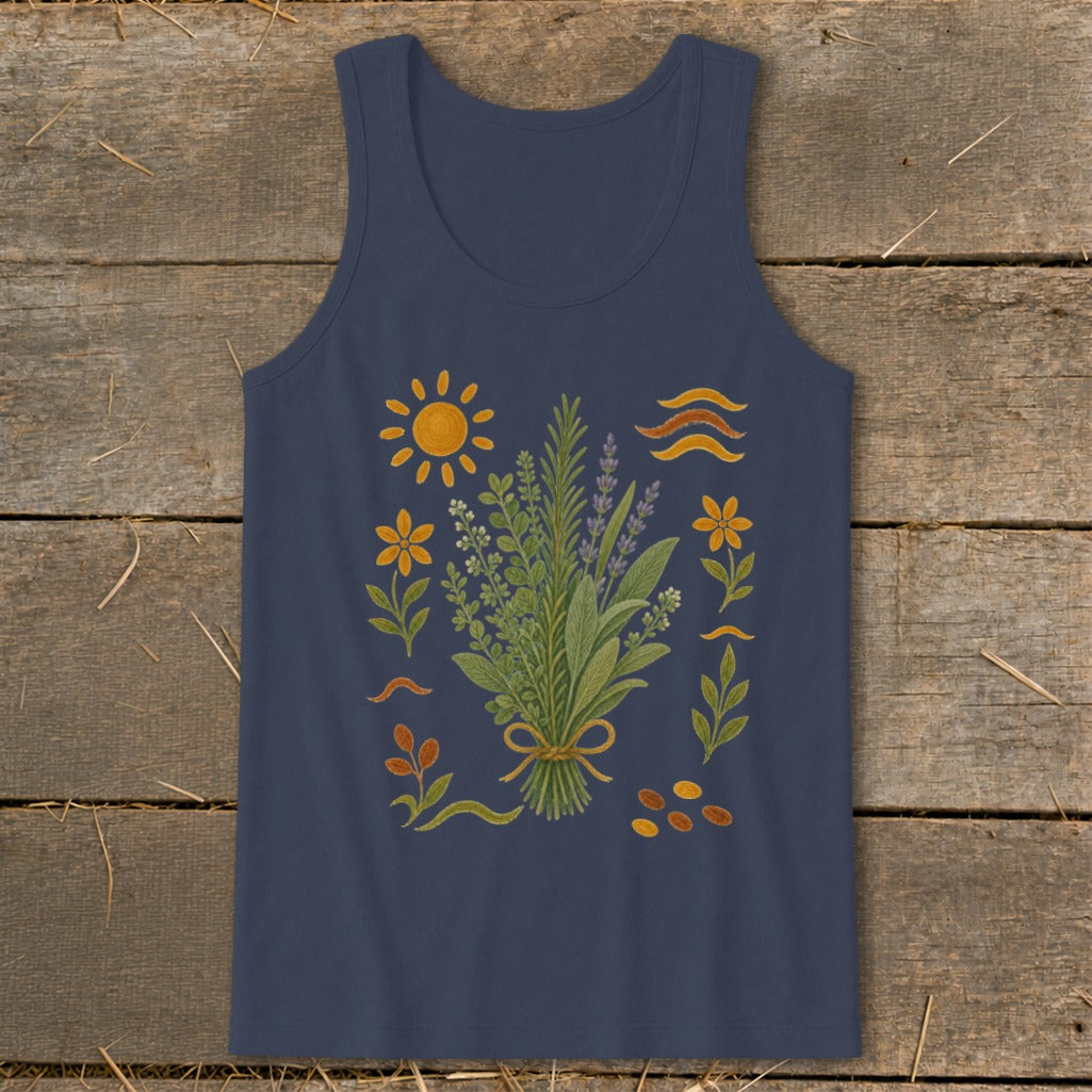 Navy tank top with a watercolor-style bouquet of herbs and small floral accents.
