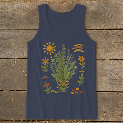 Navy tank top with a watercolor-style bouquet of herbs and small floral accents.