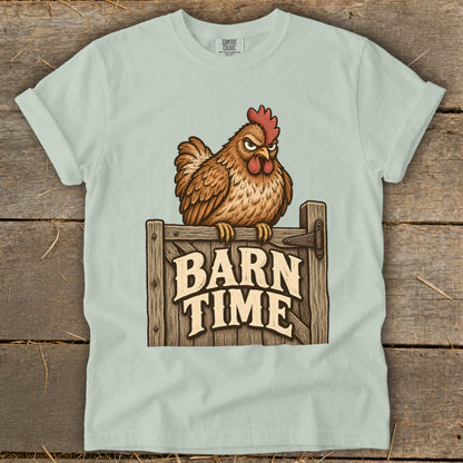 Illustration of a grumpy chicken on a wooden sign that reads "BARN TIME".