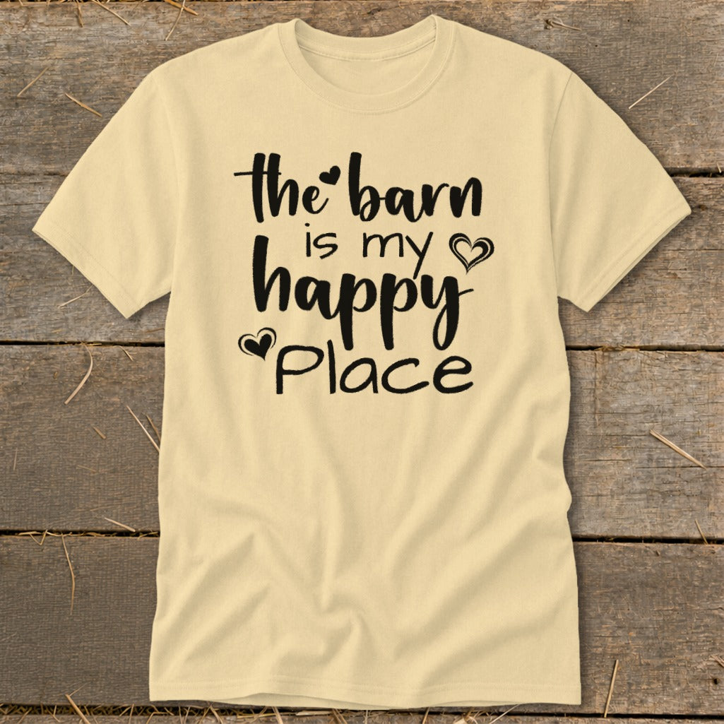 Light yellow t-shirt with black text reading "the barn is my happy place".