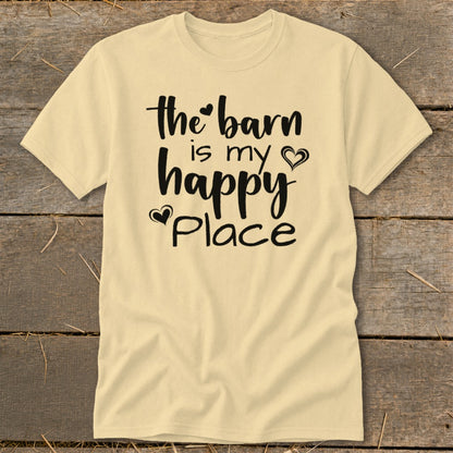 Light yellow t-shirt with black text reading "the barn is my happy place".