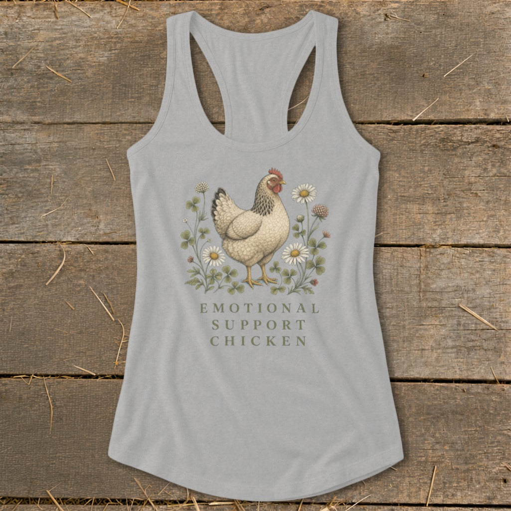 Light grey tank top with a chicken illustration and "Emotional Support Chicken" text.