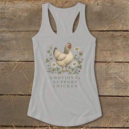 Light grey tank top with a chicken illustration and "Emotional Support Chicken" text.