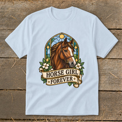 Horse head illustration with "Horse Girl Forever" text on a light blue t-shirt.