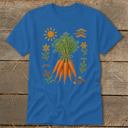 Blue t-shirt with a bunch of carrots and surrounding garden motifs.
