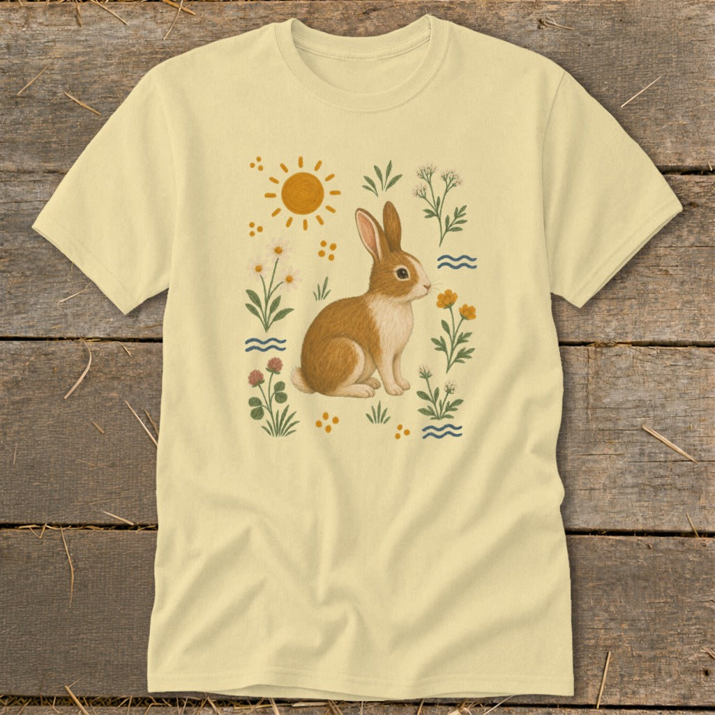 Light yellow t-shirt with a rabbit, sun, flowers, and wavy lines graphic.