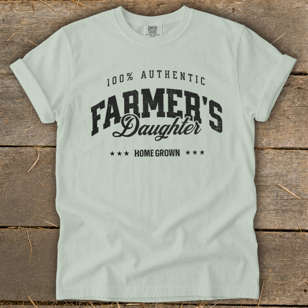 Pale green t-shirt with "Farmer's Daughter" text in black vintage font.