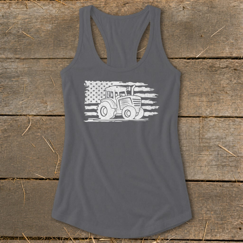 Gray racerback tank top with distressed tractor and American flag graphic.