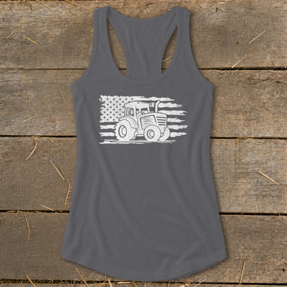 Gray racerback tank top with distressed tractor and American flag graphic.