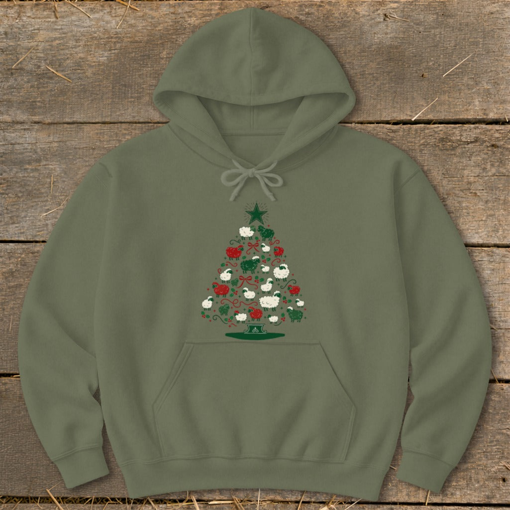 Olive green hoodie with a Christmas tree design made of sheep and festive accents.