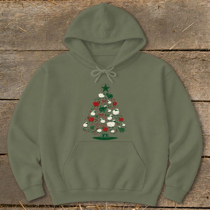 Olive green hoodie with a Christmas tree design made of sheep and festive accents.