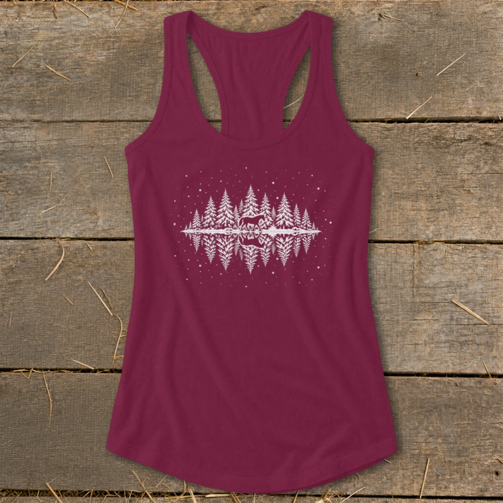 Maroon tank top with white forest, deer, and reflection graphic.