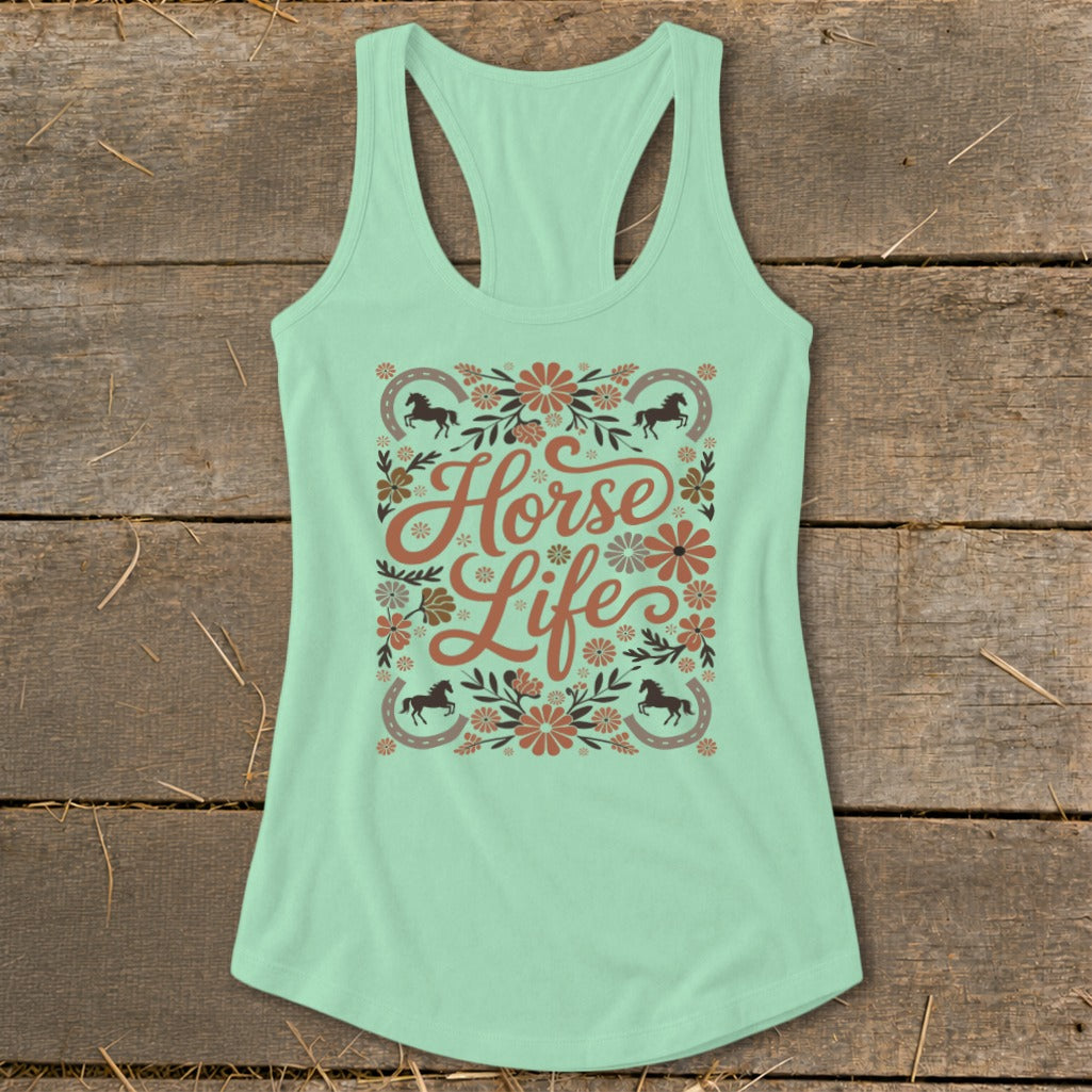 Light green tank top with "Horse Life" text, horses, horseshoes, and flowers.