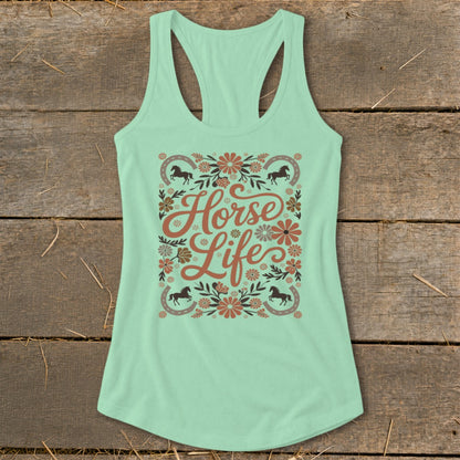 Light green tank top with "Horse Life" text, horses, horseshoes, and flowers.