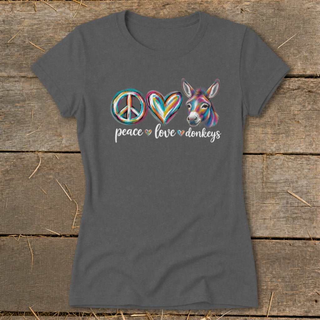 Grey t-shirt with "peace love donkeys" text and colorful donkey illustration.
