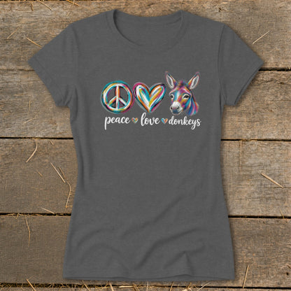 Grey t-shirt with "peace love donkeys" text and colorful donkey illustration.