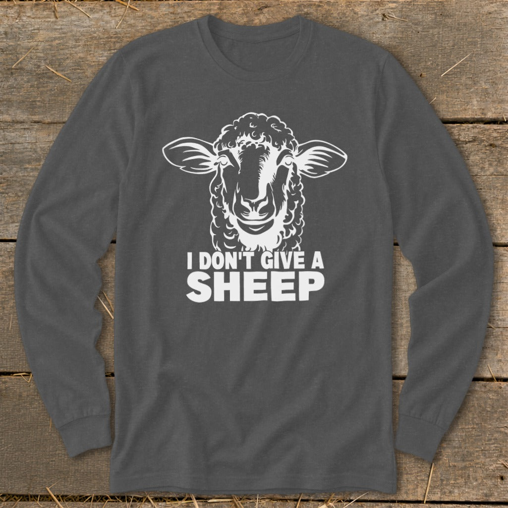 Long sleeve shirt with a white sheep graphic and text "I DON'T GIVE A SHEEP".