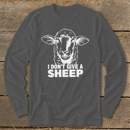 Long sleeve shirt with a white sheep graphic and text "I DON'T GIVE A SHEEP".